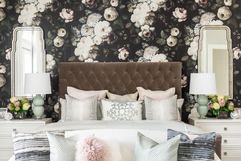 Contemporary Master Bedroom With Floral Accent Wall