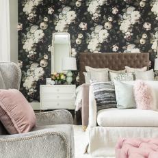 Contemporary Gray And Pink Master Bedroom With Bold Floral Wallpaper Accent Wall