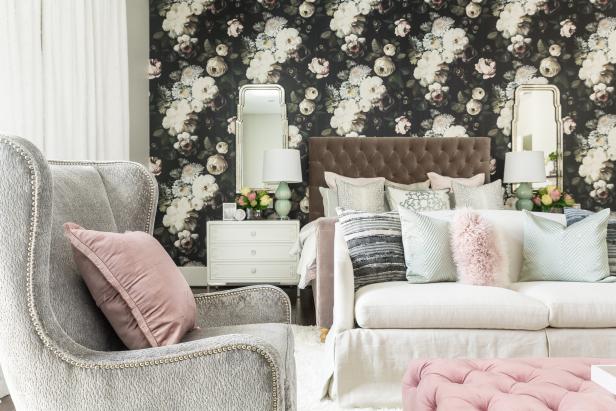 Contemporary Gray And Pink Master Bedroom With Bold Floral Wallpaper Accent Wall Hgtv