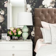 Contemporary Master Bedroom Retreat With With Floral Accent Wall And Tufted Headboard