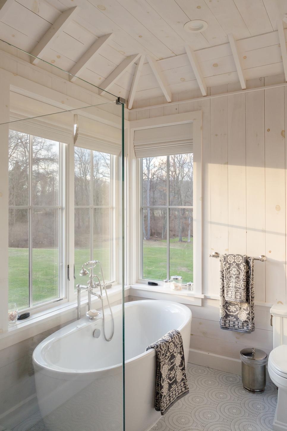 Modern Cottage Bathroom With Contemporary Tub And Wood Paneled Walls Hgtv