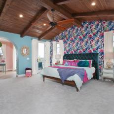 Multicolored Tropical Master Bedroom With Pink Pillow