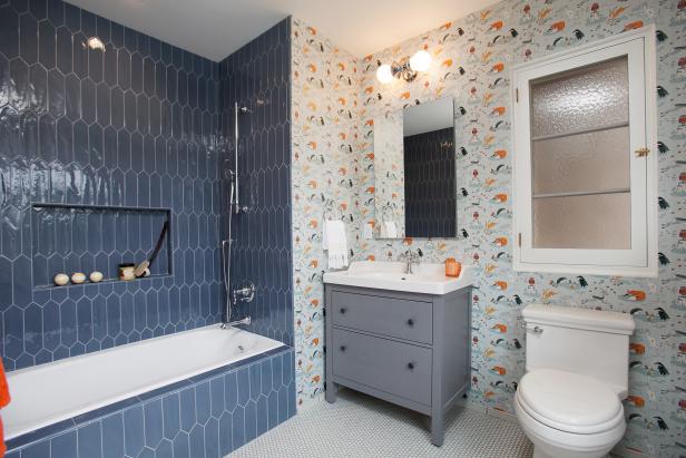 Gray and Orange Bathroom With Gray Tile | HGTV