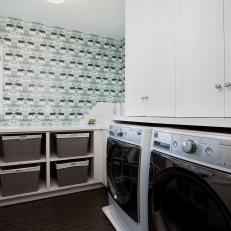 Blue and White Laundry Room With Baskets