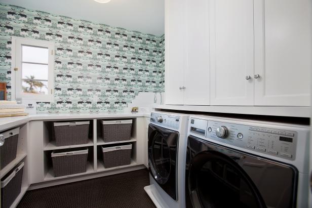Hang removable wallpaper horizontally Walls Need Love geometric print laundry  room update  Create  Enjoy