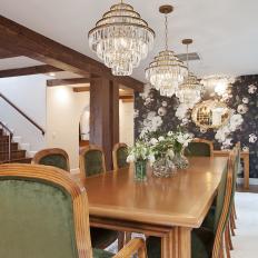 Eclectic Dining Room With Rose Wallpaper