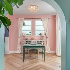 Pink Eclectic Home Office With Blue Desk