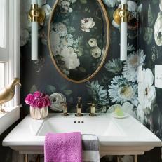 Gray Powder Room With Floral Wallpaper