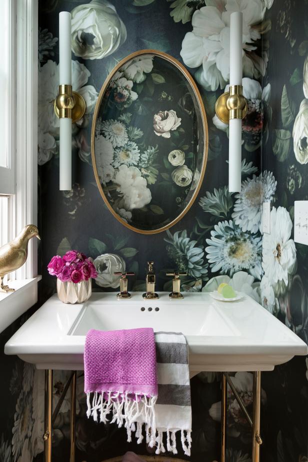 Gray Powder  Room  With Floral Wallpaper  HGTV