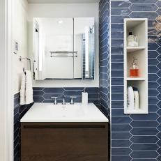 Floating Vanity in Contemporary Bathroom With Blue Tile Walls