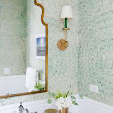 Transitional Powder Room Pairs Green Wallpaper, Gold Mirror