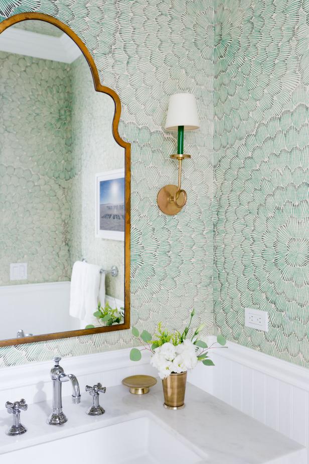 Transitional Powder Room Pairs Green Wallpaper, Gold ...