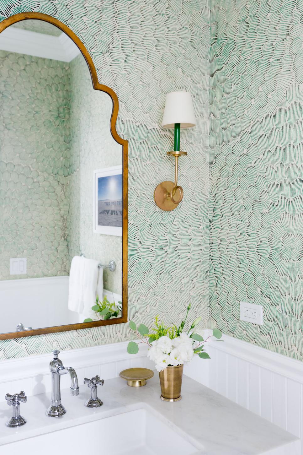 Transitional Powder Room Pairs Green Wallpaper, Gold Mirror | HGTV