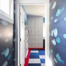 Blue Kids' Bathroom With Playful, Ocean-Inspired Wallpaper