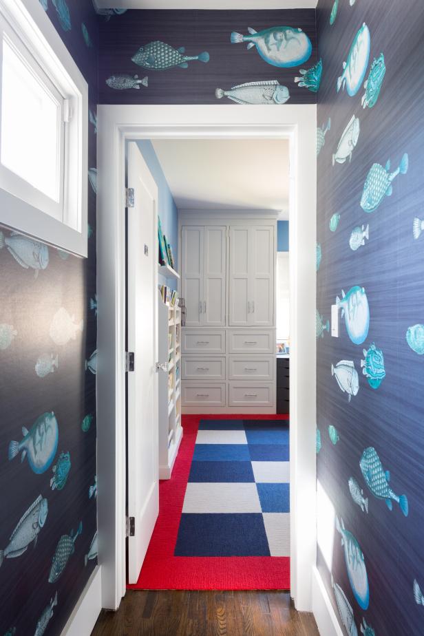 Blue Kids Bathroom With Playful Ocean Inspired Wallpaper Hgtv