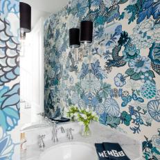 Powder Room With Blue, Asian-Inspired Wallpaper