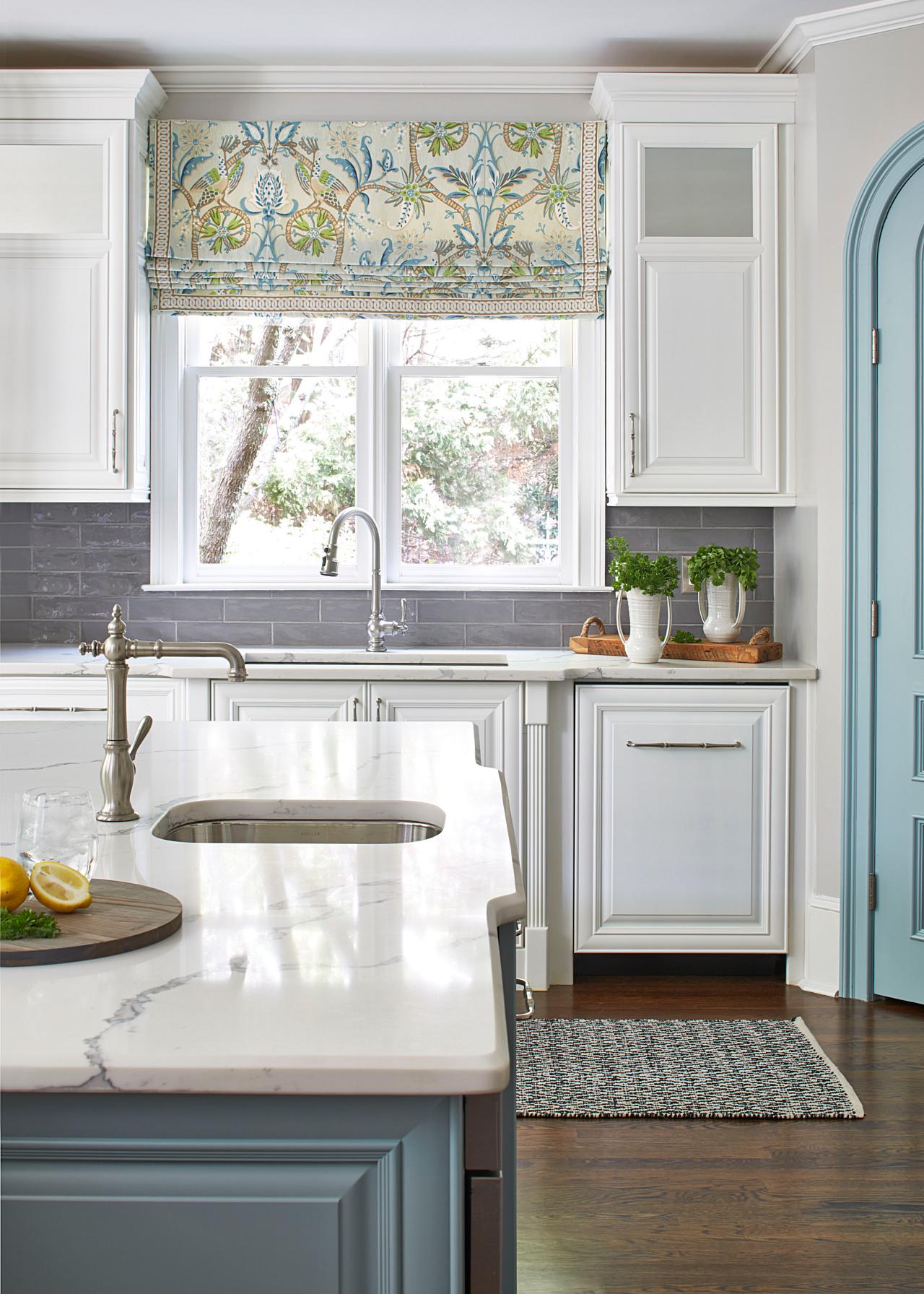 Aqua Blue Plank Kitchen Island with Three Pendants - Transitional