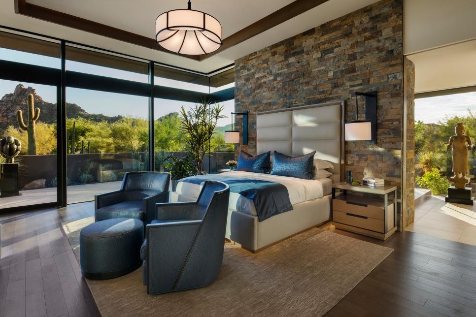 Asian Contemporary Main Bedroom With Stone Wall