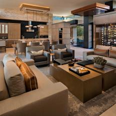 Neutral Modern Great Room With Wine Storage