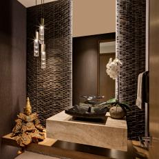 Black Asian Powder Room With Statue