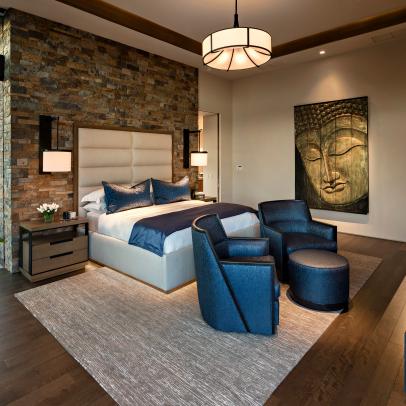 Asian Contemporary Main Bedroom With Stone Wall