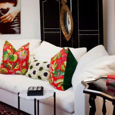 Floral, Polka Dot Pillows Add Interest to Neutral Sofa