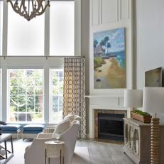 White Transitional Family Room With Spool Lamps