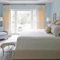 Blue Transitional Master Bedroom With Linen Bed
