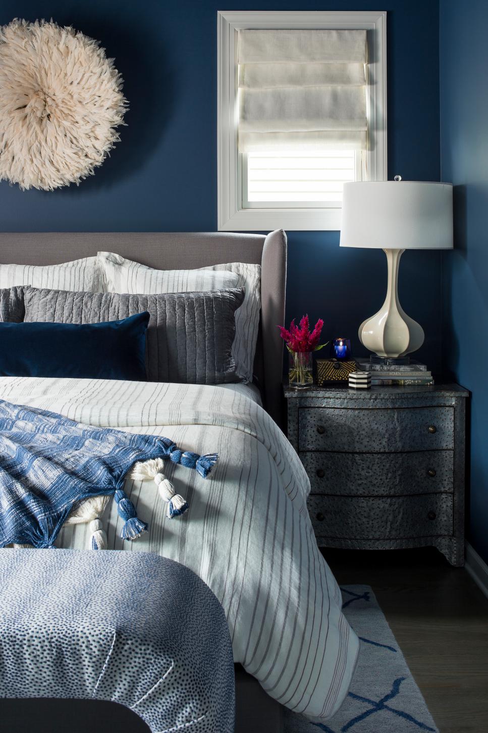 Contemporary Blue Master Bedroom With White And Gray Accents | HGTV