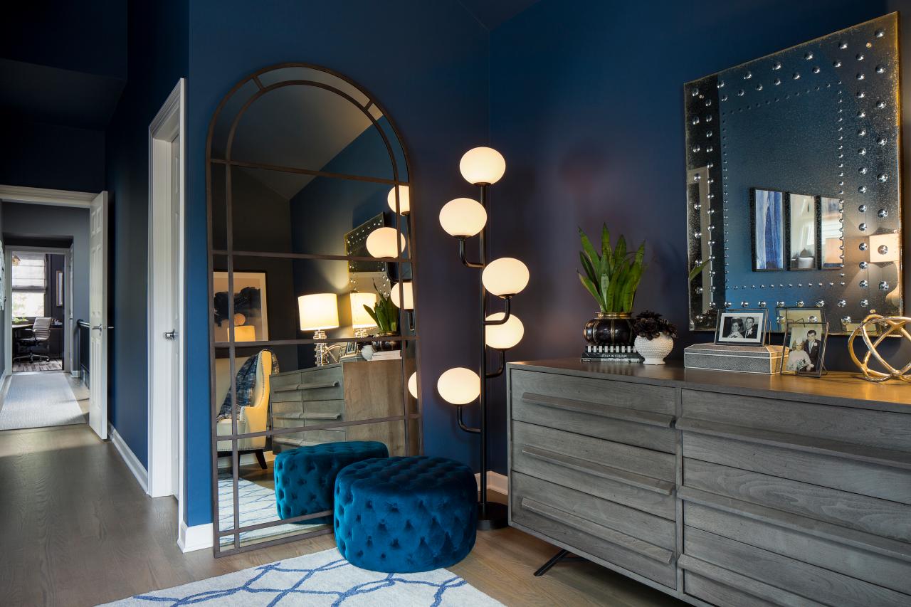 Modern Blue Master Bedroom Detail With Full Length Mirror