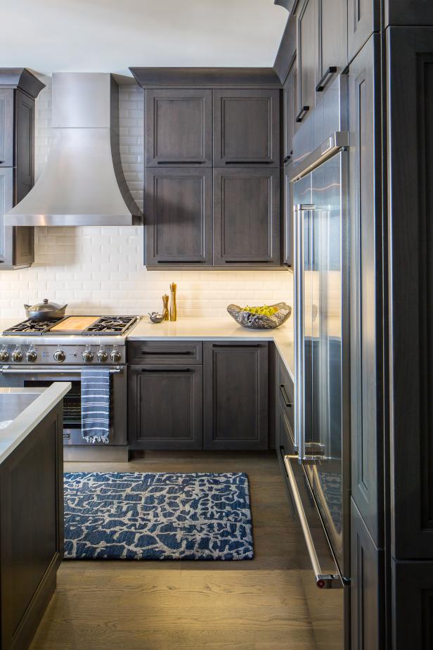 Contemporary Kitchen With Gray Cabinets And White Tile Backsplash | HGTV