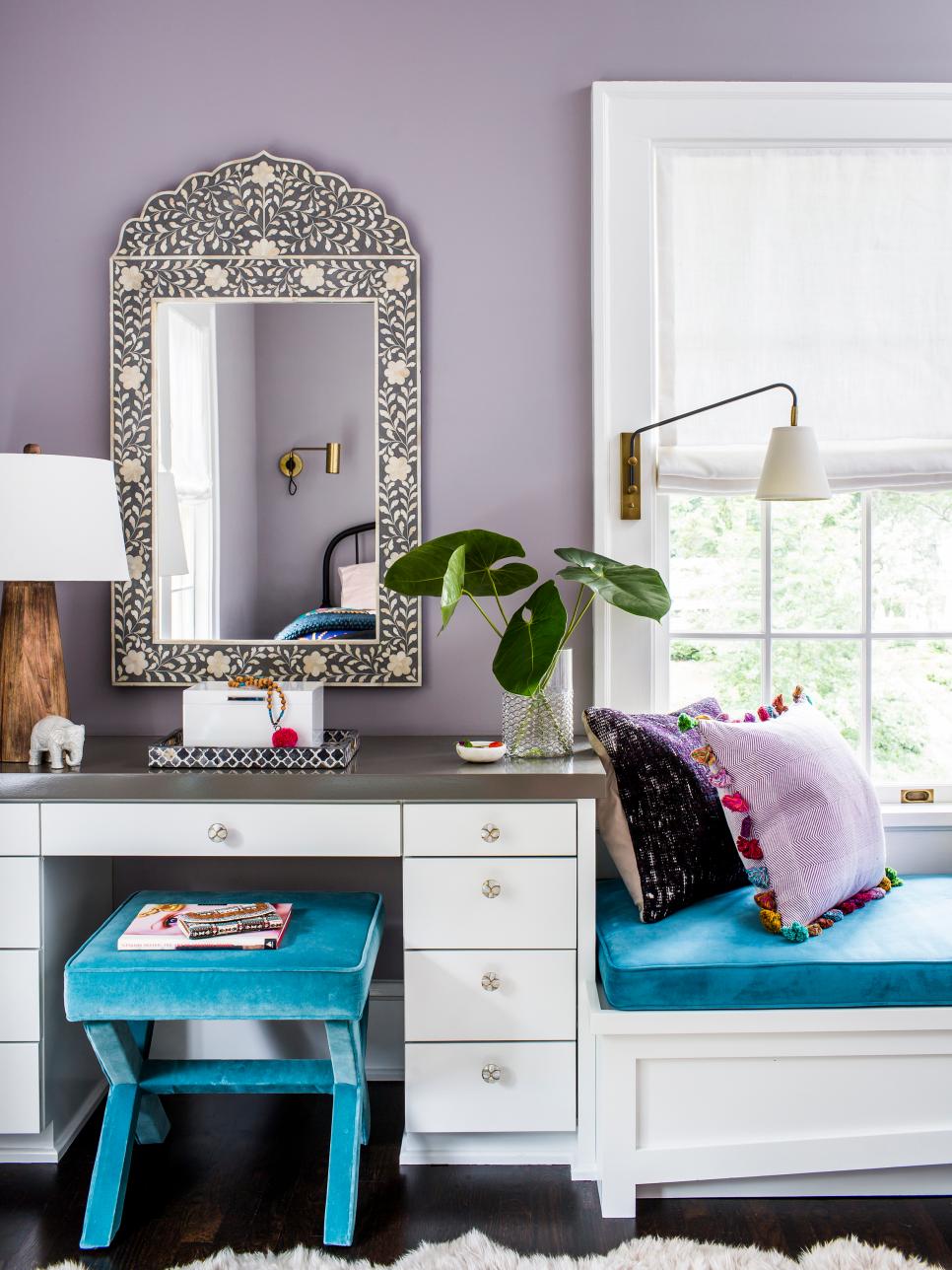 Dressing Table in Purple Teen Room | HGTV