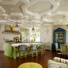 French Country Open Plan Kitchen With Green Island