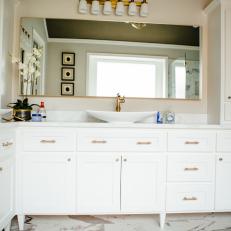 Contemporary White And Neutral Master Bathroom With Double Sink Vanity And Gold Accents
