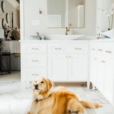 Contemporary White Master Bathroom With Marble And Gold Accents