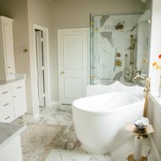 Contemporary White Master Bathroom With Soaking Tub And Glass Shower Enclosure