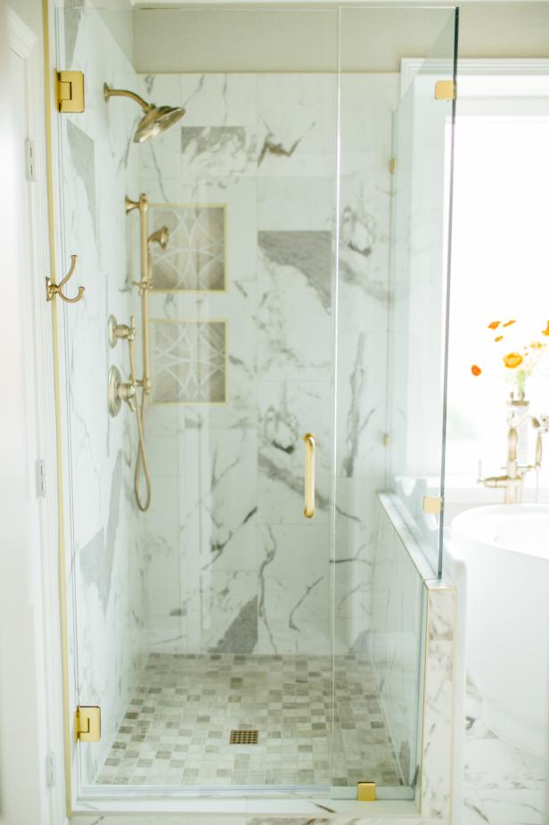 Contemporary Master Bathroom Glass Enclosed Shower With Marble And