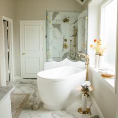 Contemporary White Master Bathroom With Gold And Bronze Ceiling And Soaking Tub