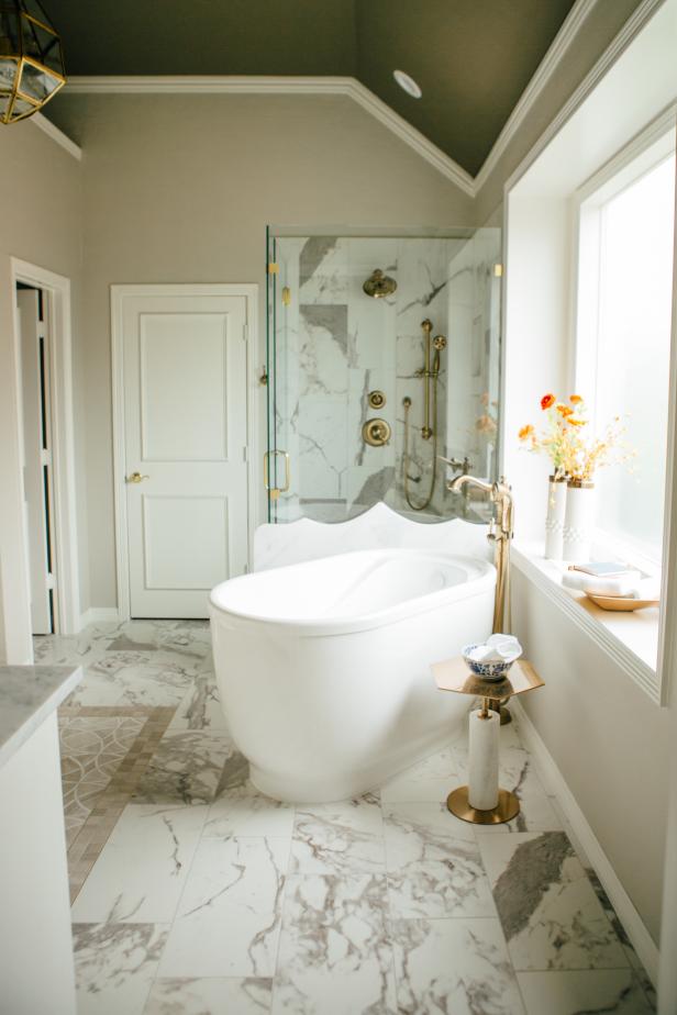 Contemporary White Master Bathroom With Gold And Bronze Ceiling And