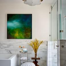 Contemporary White Master Bathroom With Marble And Glass Shower Enclosure