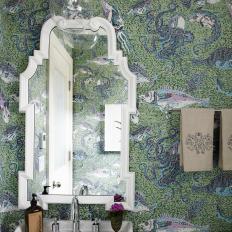 Powder Room With Green, Sea-Inspired Wallpaper