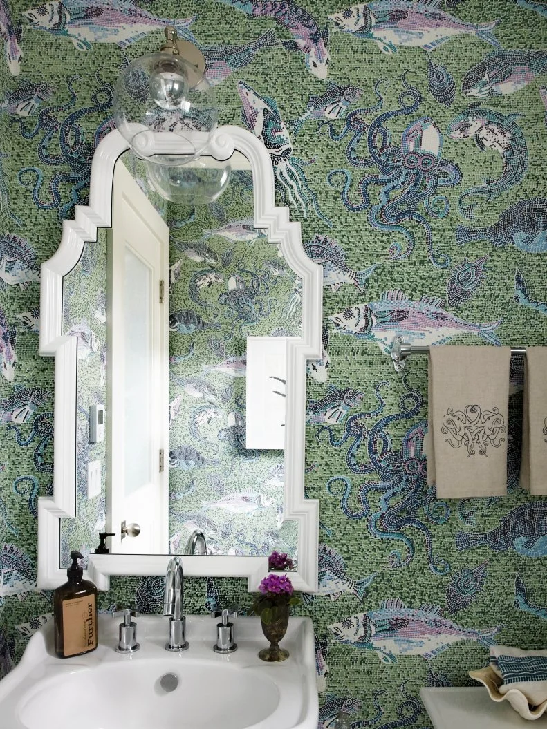 transitional powder room with fish wallpaper