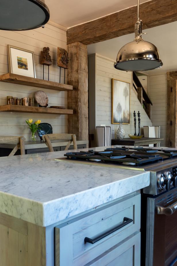 Cabin Kitchen Features Rustic Wood Trim Thick Marble Countertops