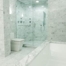 Gray Master Bathroom With Marble Shower
