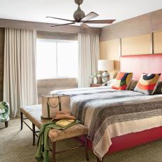 Modern Retro Master Bedroom With Oak Wood Walls And Grass Cloth Accents