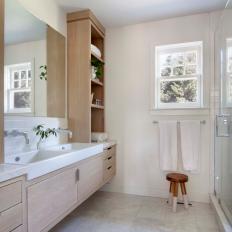 Modern White Kids Bathroom With Double Vanity And Built In Cabinets