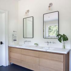 Modern White Master Bathroom With Double Sink Vanity And Marble Countertop