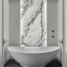 Modern White And Marble Soaking Tub Retreat With Ceiling Mounted Tub Fill