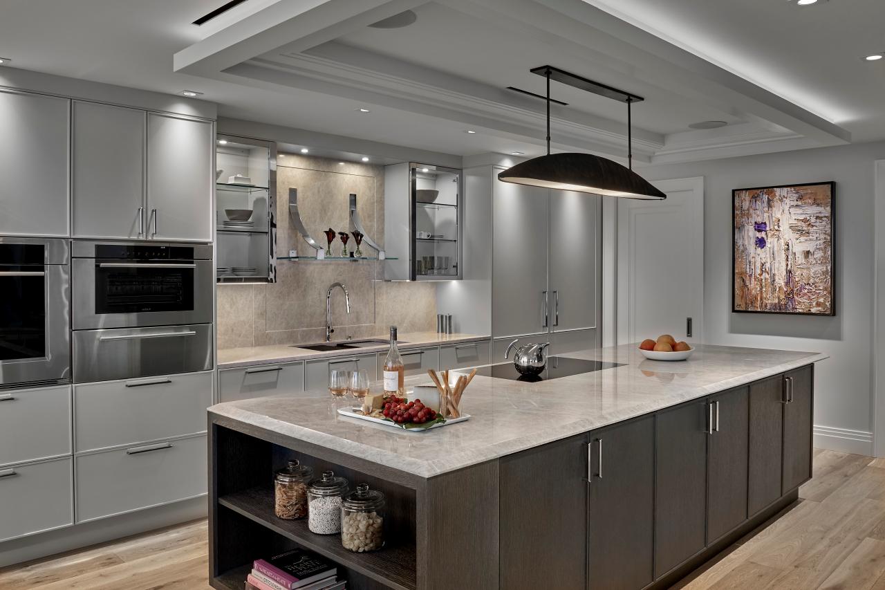 Modern Art Deco Inspired Kitchen With Stone Counter And Backsplash