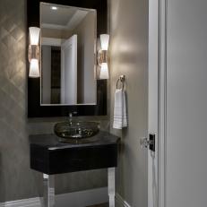 Modern Art Deco Inspired Powder Room With Vessel Sink And Decorative Wallpaper